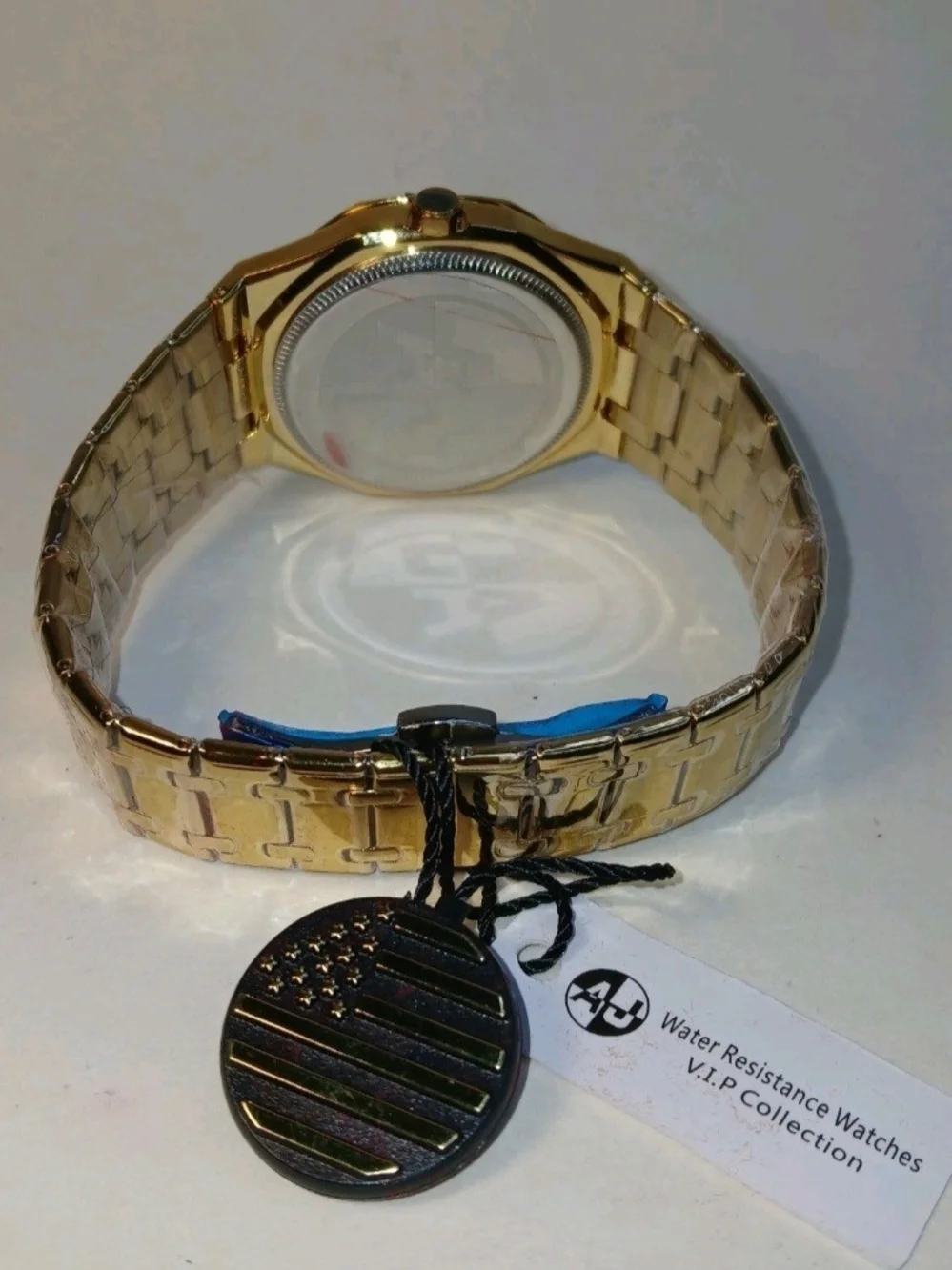 AJ VIP High Quality Mens Gold Tone Watch Blue Bezel Dial Date New With Box Tag